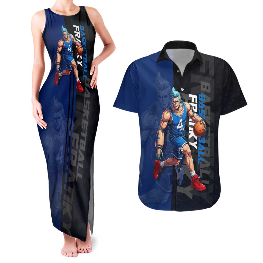 Franky One Piece Basketball Crossover Design Couples Matching Tank Maxi Dress and Hawaiian Shirt with Blue Uniform and Mechanical Arm Action Pose - The Mazicc