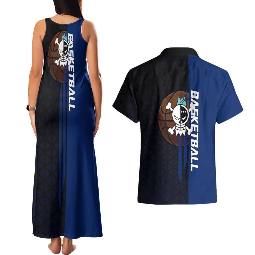 Franky One Piece Basketball Crossover Design Couples Matching Tank Maxi Dress and Hawaiian Shirt with Blue Uniform and Mechanical Arm Action Pose - The Mazicc