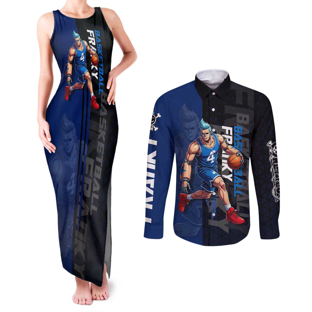 Franky One Piece Basketball Crossover Design Couples Matching Tank Maxi Dress and Long Sleeve Button Shirt with Blue Uniform and Mechanical Arm Action Pose - The Mazicc