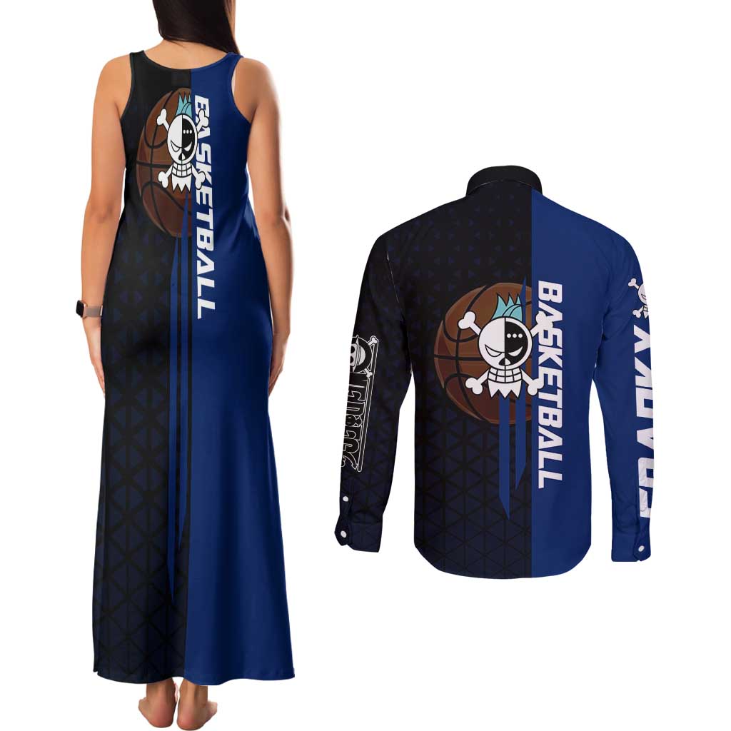 Franky One Piece Basketball Crossover Design Couples Matching Tank Maxi Dress and Long Sleeve Button Shirt with Blue Uniform and Mechanical Arm Action Pose - The Mazicc