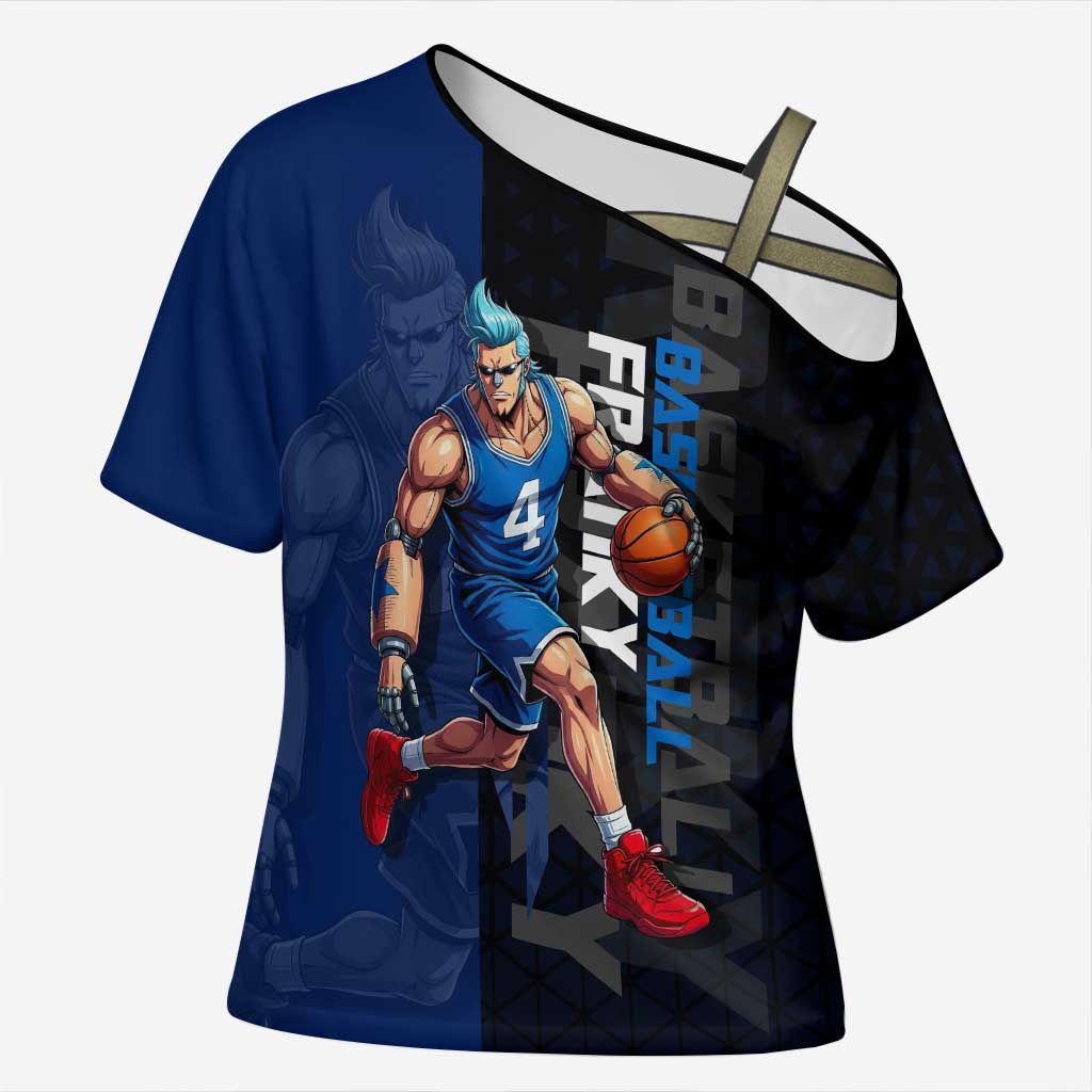 Franky One Piece Basketball Crossover Design Cross Shoulder Shirt with Blue Uniform and Mechanical Arm Action Pose - The Mazicc