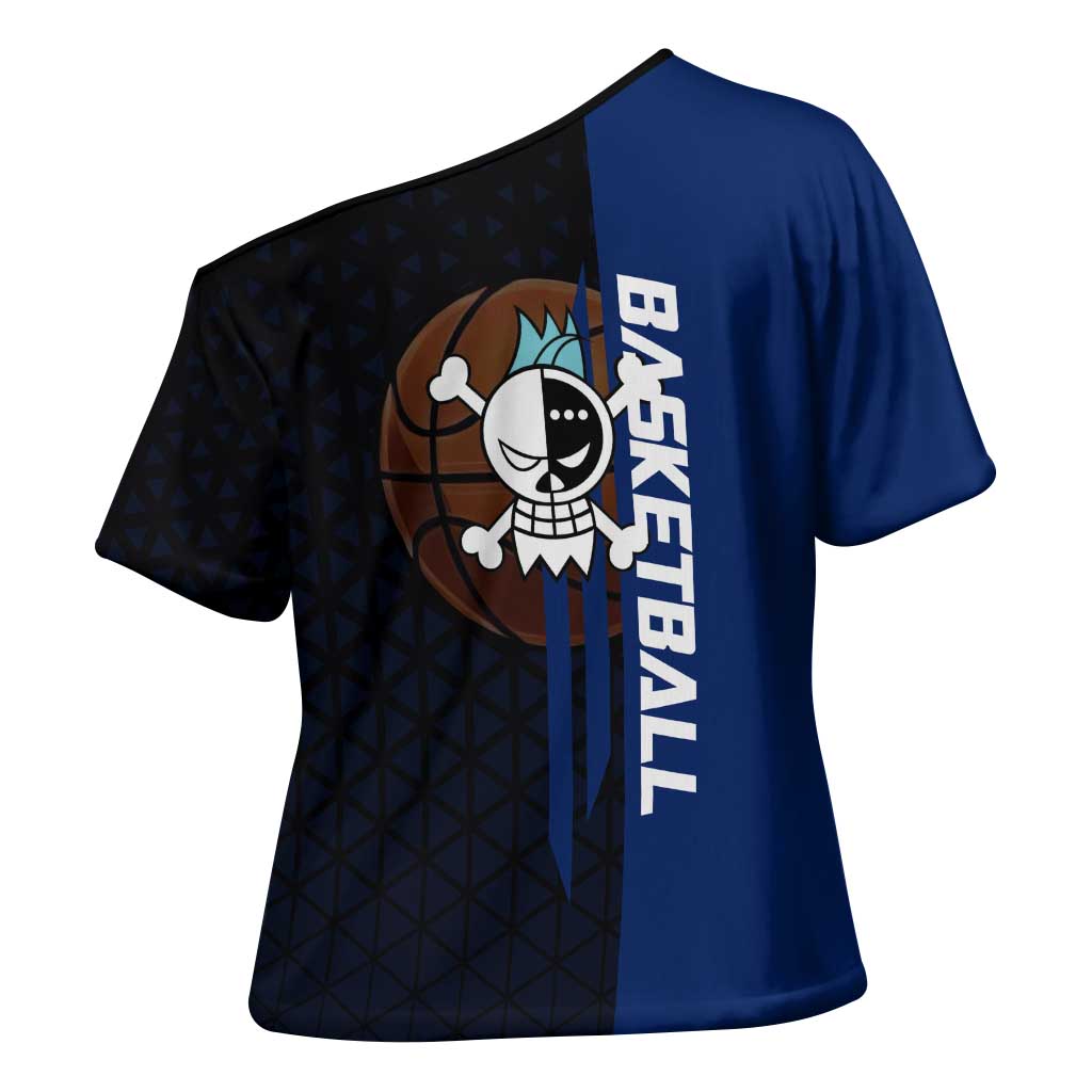 Franky One Piece Basketball Crossover Design Cross Shoulder Shirt with Blue Uniform and Mechanical Arm Action Pose - The Mazicc