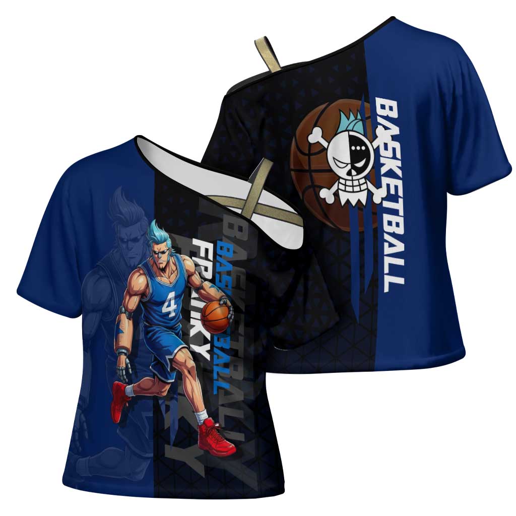 Franky One Piece Basketball Crossover Design Cross Shoulder Shirt with Blue Uniform and Mechanical Arm Action Pose - The Mazicc