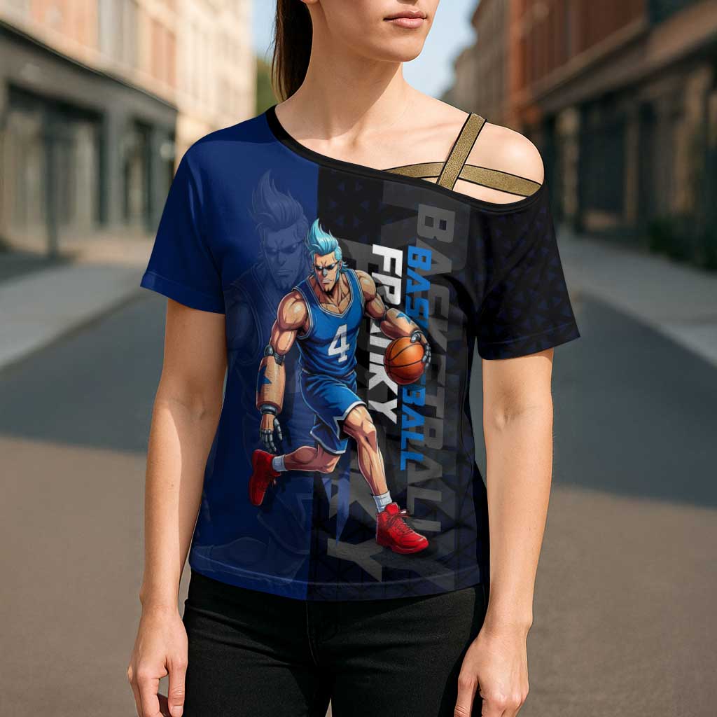 Franky One Piece Basketball Crossover Design Cross Shoulder Shirt with Blue Uniform and Mechanical Arm Action Pose - The Mazicc