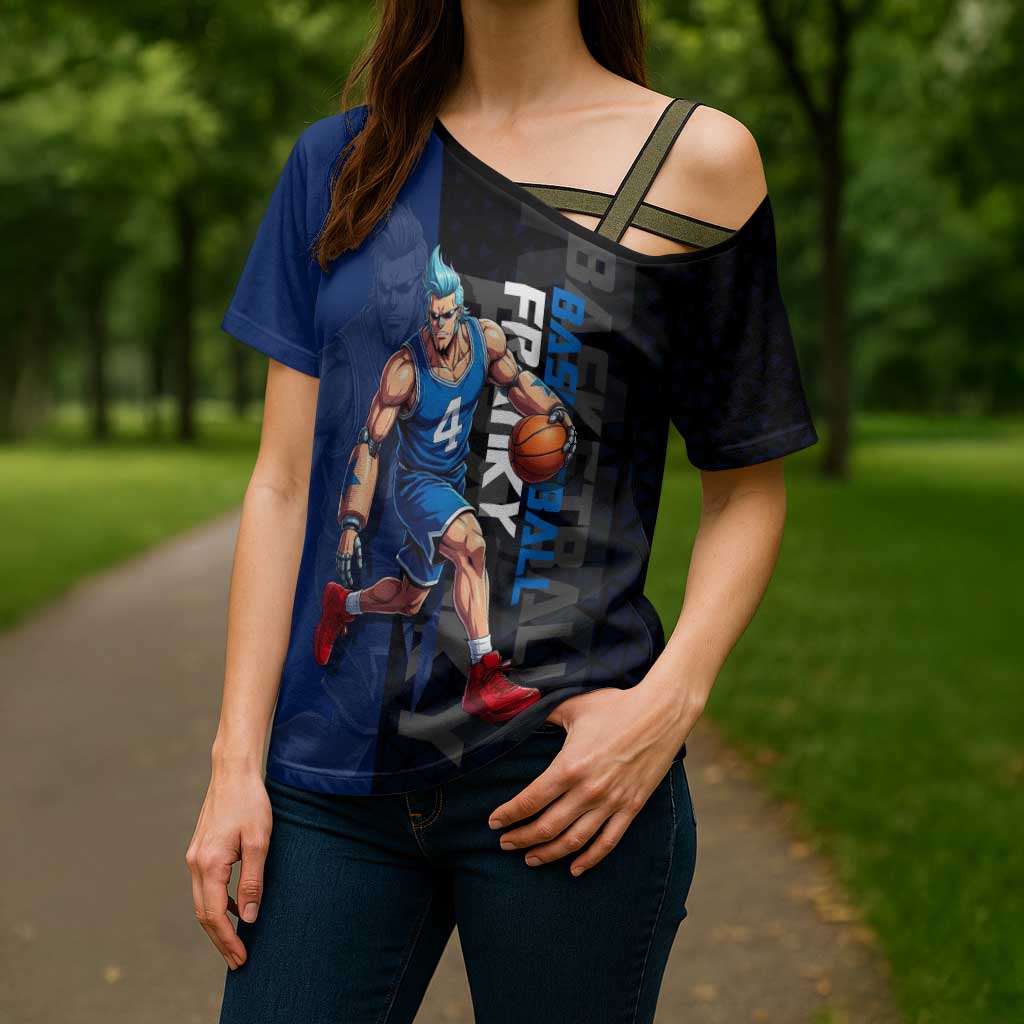 Franky One Piece Basketball Crossover Design Cross Shoulder Shirt with Blue Uniform and Mechanical Arm Action Pose - The Mazicc