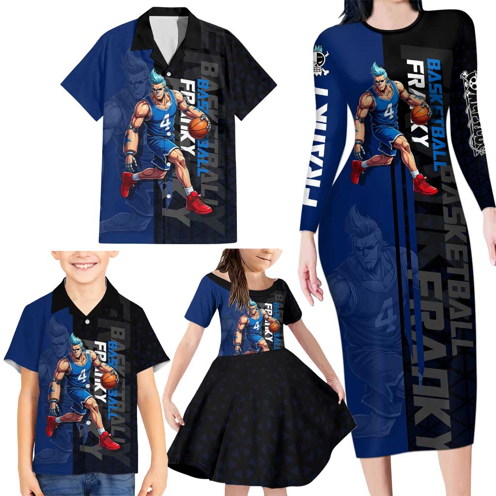 Franky One Piece Basketball Crossover Design Family Matching Long Sleeve Bodycon Dress and Hawaiian Shirt with Blue Uniform and Mechanical Arm Action Pose