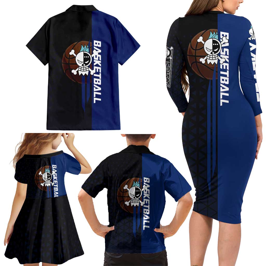 Franky One Piece Basketball Crossover Design Family Matching Long Sleeve Bodycon Dress and Hawaiian Shirt with Blue Uniform and Mechanical Arm Action Pose