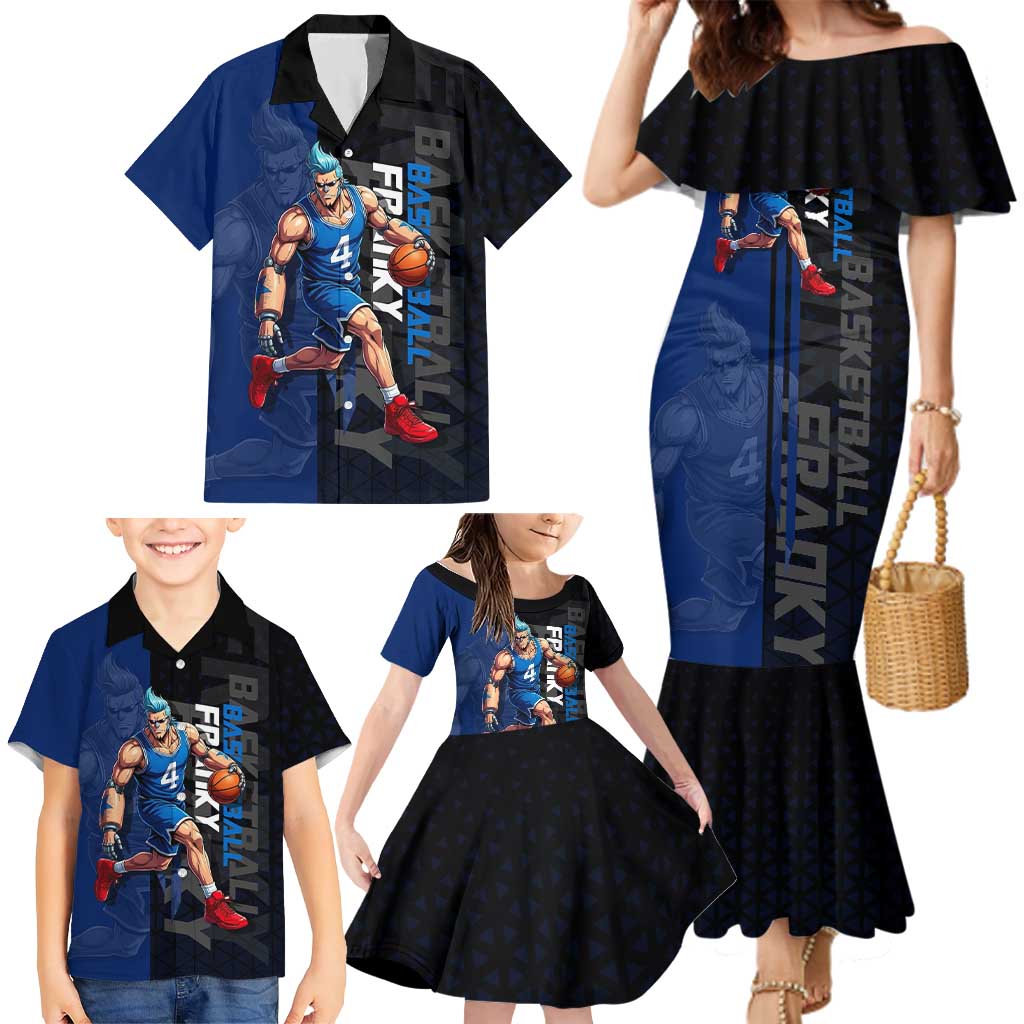 Franky One Piece Basketball Crossover Design Family Matching Mermaid Dress and Hawaiian Shirt with Blue Uniform and Mechanical Arm Action Pose