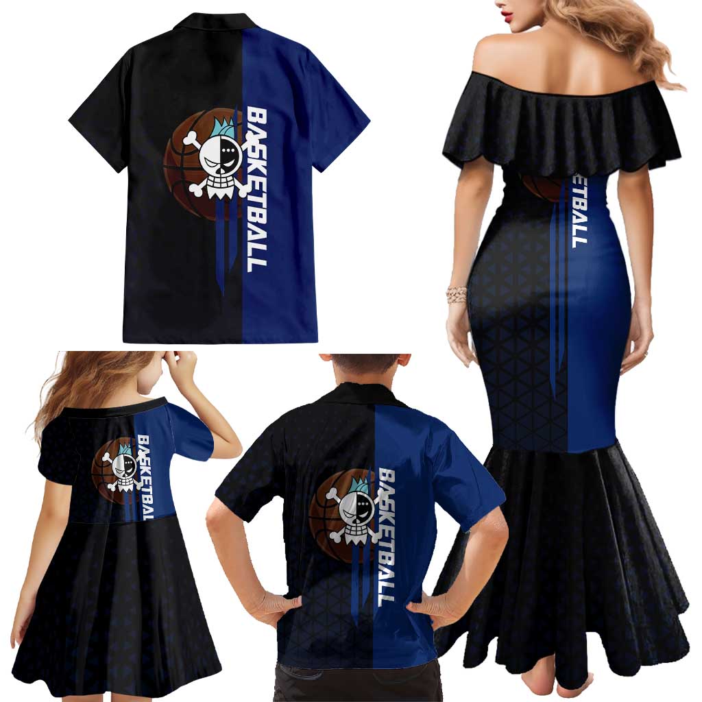 Franky One Piece Basketball Crossover Design Family Matching Mermaid Dress and Hawaiian Shirt with Blue Uniform and Mechanical Arm Action Pose