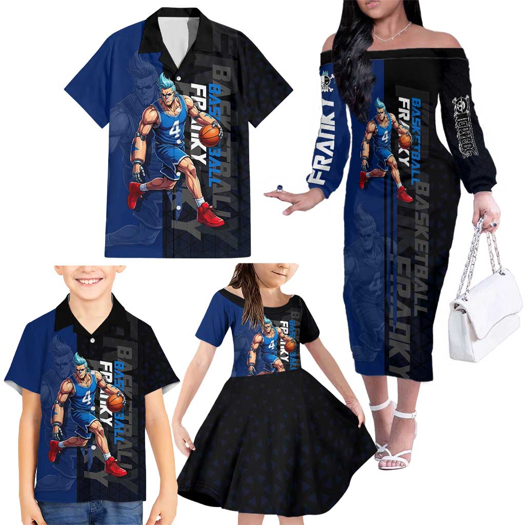 Franky One Piece Basketball Crossover Design Family Matching Off The Shoulder Long Sleeve Dress and Hawaiian Shirt with Blue Uniform and Mechanical Arm Action Pose