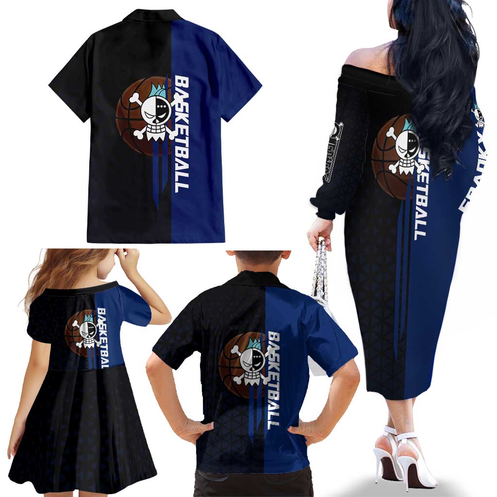 Franky One Piece Basketball Crossover Design Family Matching Off The Shoulder Long Sleeve Dress and Hawaiian Shirt with Blue Uniform and Mechanical Arm Action Pose