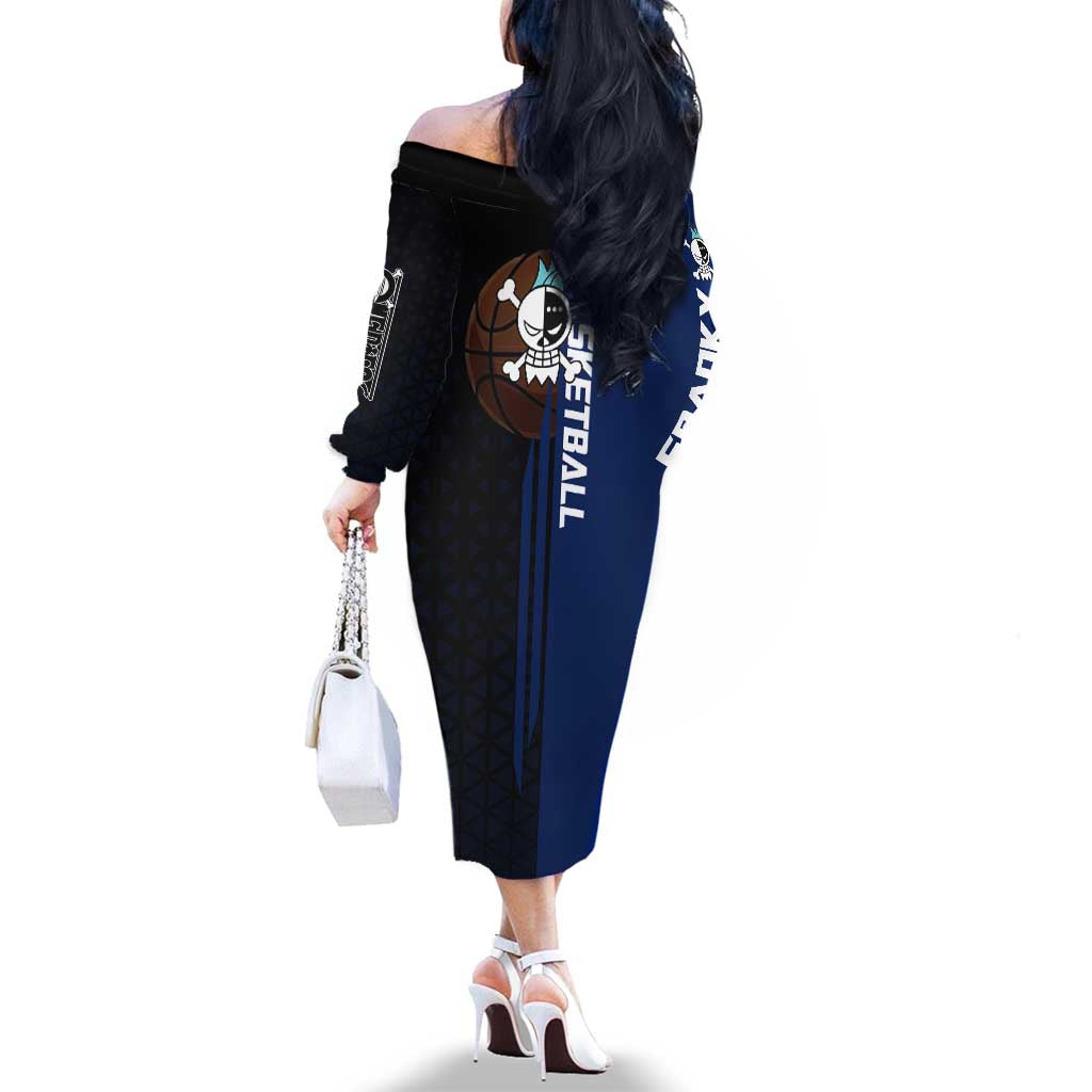 Franky One Piece Basketball Crossover Design Family Matching Off The Shoulder Long Sleeve Dress and Hawaiian Shirt with Blue Uniform and Mechanical Arm Action Pose