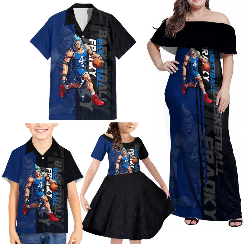 Franky One Piece Basketball Crossover Design Family Matching Off Shoulder Maxi Dress and Hawaiian Shirt with Blue Uniform and Mechanical Arm Action Pose