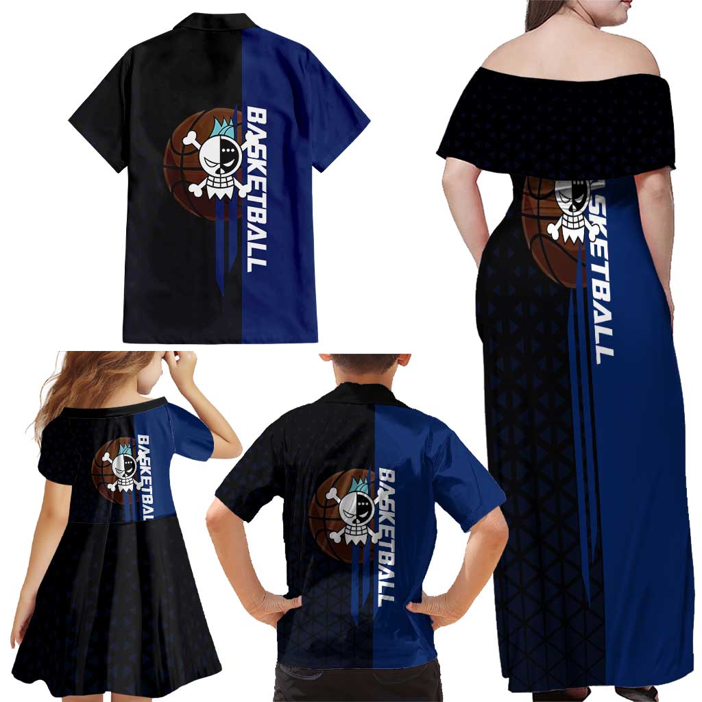 Franky One Piece Basketball Crossover Design Family Matching Off Shoulder Maxi Dress and Hawaiian Shirt with Blue Uniform and Mechanical Arm Action Pose