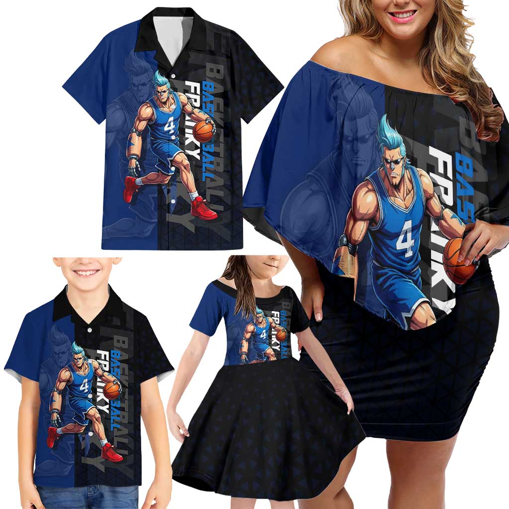 Franky One Piece Basketball Crossover Design Family Matching Off Shoulder Short Dress and Hawaiian Shirt with Blue Uniform and Mechanical Arm Action Pose