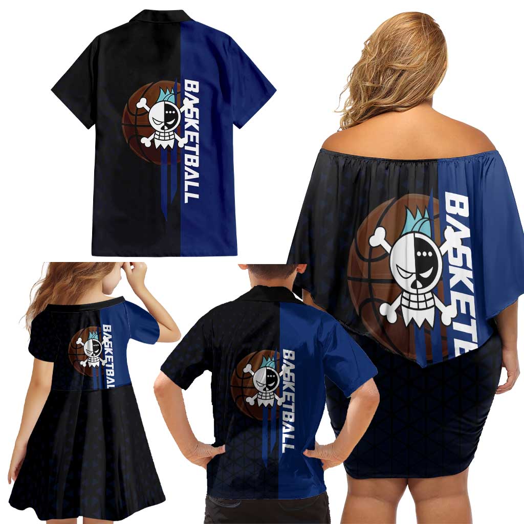 Franky One Piece Basketball Crossover Design Family Matching Off Shoulder Short Dress and Hawaiian Shirt with Blue Uniform and Mechanical Arm Action Pose