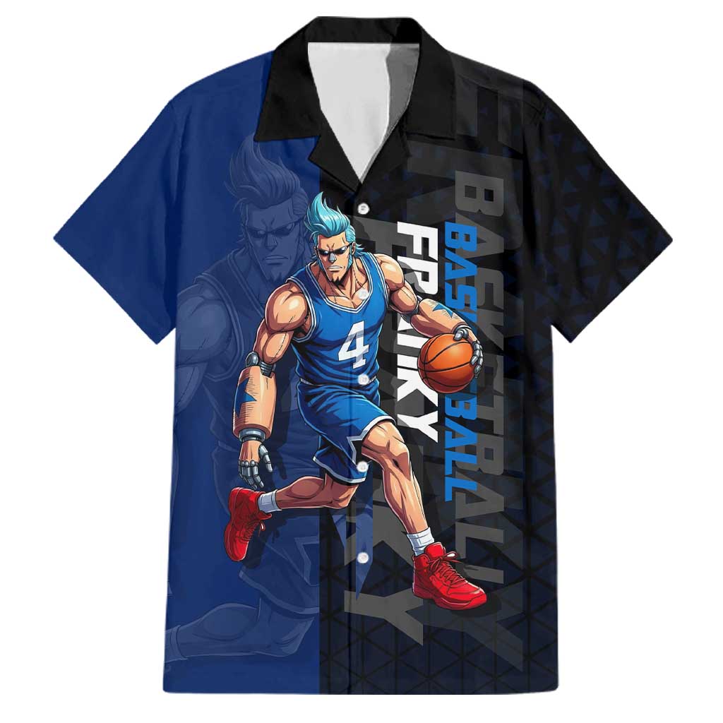 Franky One Piece Basketball Crossover Design Family Matching Off Shoulder Short Dress and Hawaiian Shirt with Blue Uniform and Mechanical Arm Action Pose