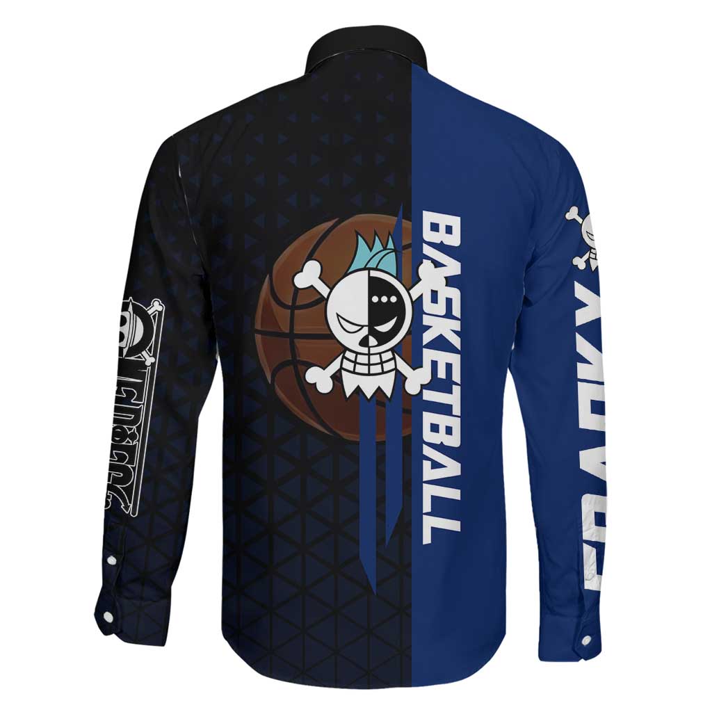 Franky One Piece Basketball Crossover Design Family Matching Off Shoulder Short Dress and Hawaiian Shirt with Blue Uniform and Mechanical Arm Action Pose