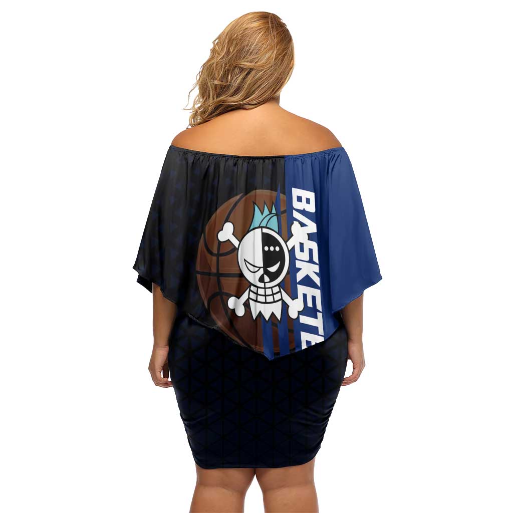 Franky One Piece Basketball Crossover Design Family Matching Off Shoulder Short Dress and Hawaiian Shirt with Blue Uniform and Mechanical Arm Action Pose