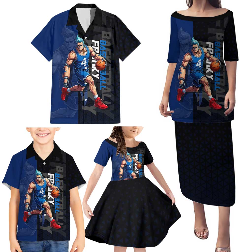 Franky One Piece Basketball Crossover Design Family Matching Puletasi and Hawaiian Shirt with Blue Uniform and Mechanical Arm Action Pose