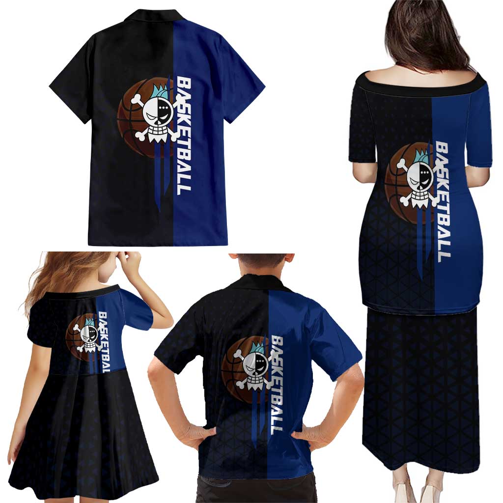 Franky One Piece Basketball Crossover Design Family Matching Puletasi and Hawaiian Shirt with Blue Uniform and Mechanical Arm Action Pose