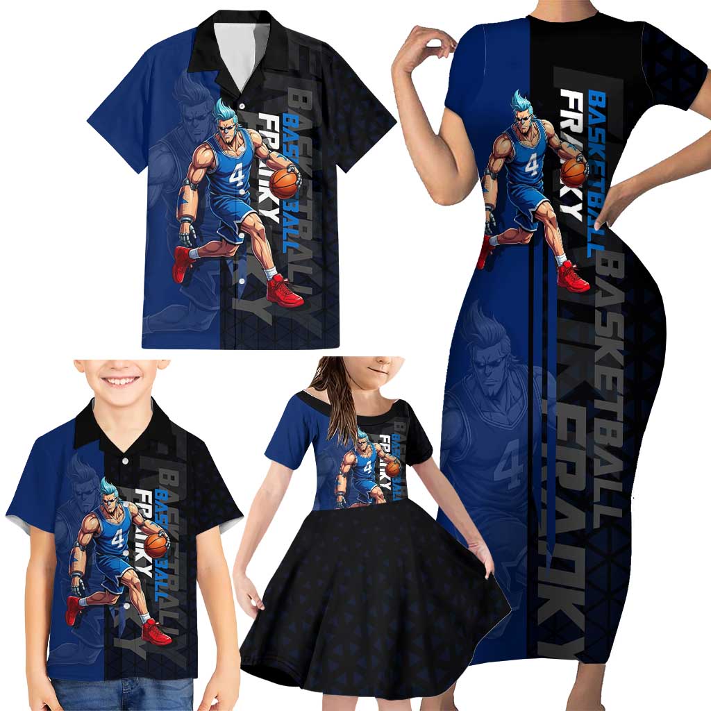 Franky One Piece Basketball Crossover Design Family Matching Short Sleeve Bodycon Dress and Hawaiian Shirt with Blue Uniform and Mechanical Arm Action Pose