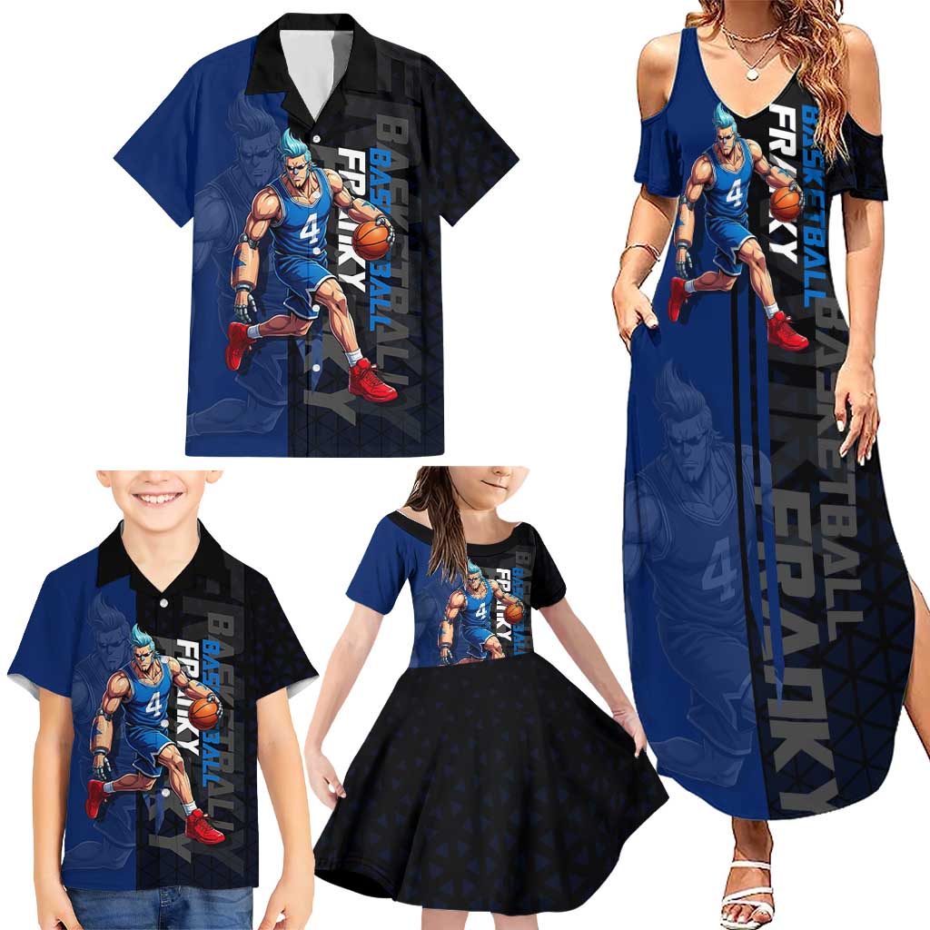 Franky One Piece Basketball Crossover Design Family Matching Summer Maxi Dress and Hawaiian Shirt with Blue Uniform and Mechanical Arm Action Pose