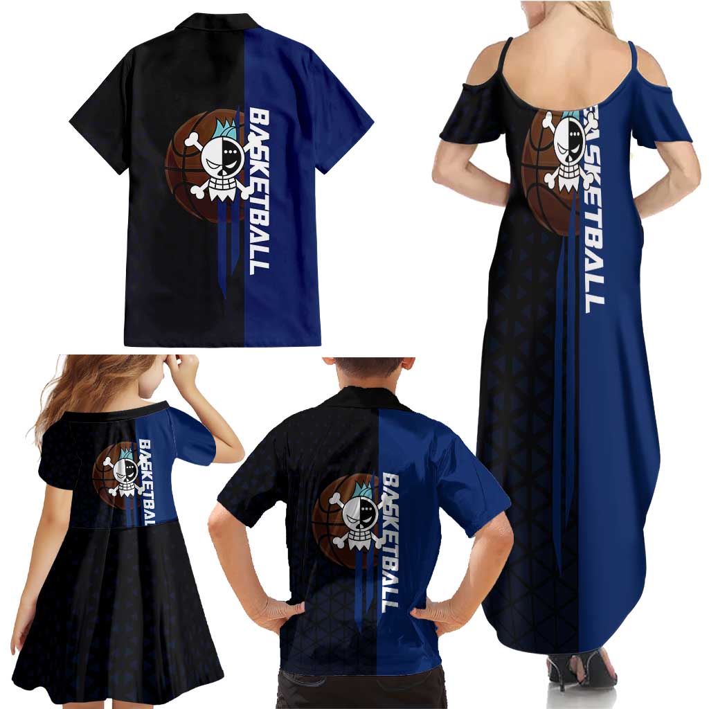 Franky One Piece Basketball Crossover Design Family Matching Summer Maxi Dress and Hawaiian Shirt with Blue Uniform and Mechanical Arm Action Pose