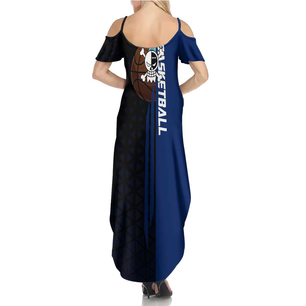 Franky One Piece Basketball Crossover Design Family Matching Summer Maxi Dress and Hawaiian Shirt with Blue Uniform and Mechanical Arm Action Pose