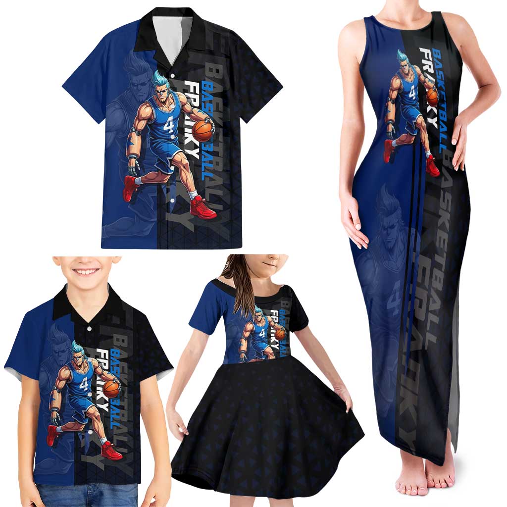Franky One Piece Basketball Crossover Design Family Matching Tank Maxi Dress and Hawaiian Shirt with Blue Uniform and Mechanical Arm Action Pose