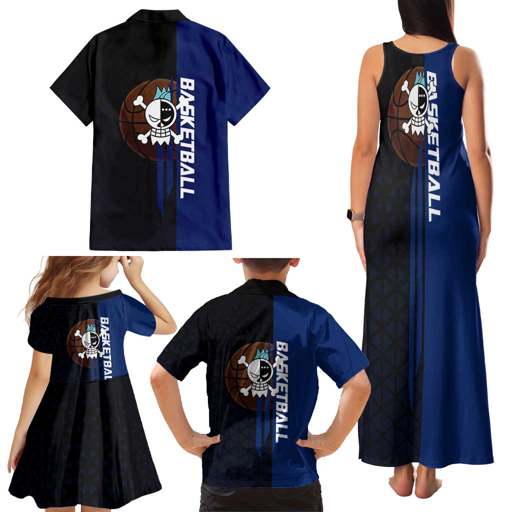 Franky One Piece Basketball Crossover Design Family Matching Tank Maxi Dress and Hawaiian Shirt with Blue Uniform and Mechanical Arm Action Pose