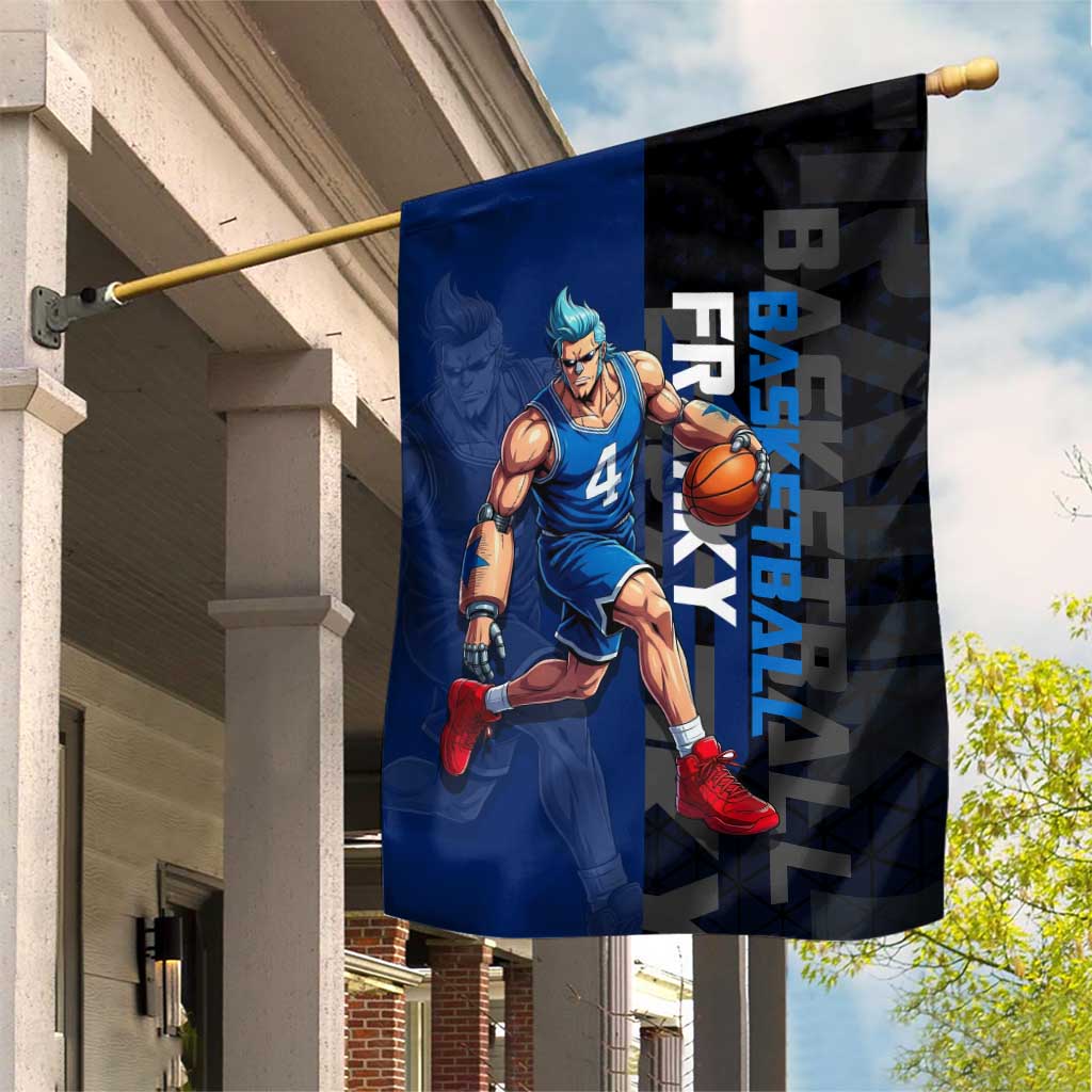 Franky One Piece Basketball Crossover Design Garden Flag with Blue Uniform and Mechanical Arm Action Pose - The Mazicc