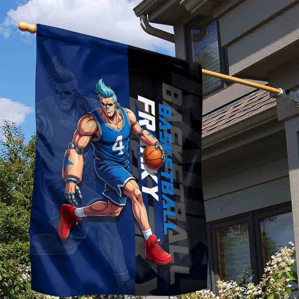 Franky One Piece Basketball Crossover Design Garden Flag with Blue Uniform and Mechanical Arm Action Pose - The Mazicc