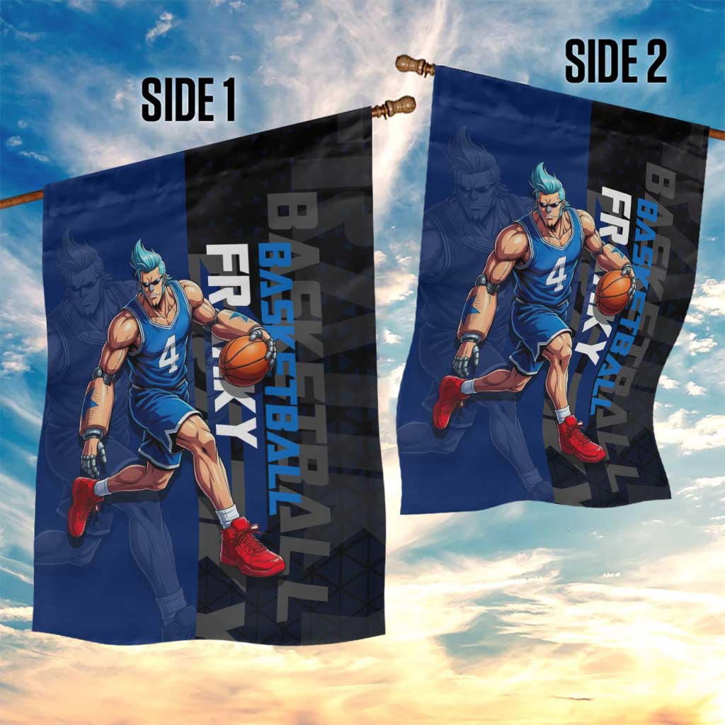 Franky One Piece Basketball Crossover Design Garden Flag with Blue Uniform and Mechanical Arm Action Pose - The Mazicc