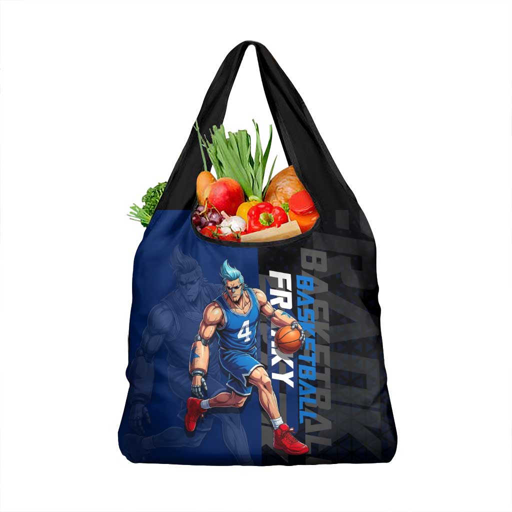 Franky One Piece Basketball Crossover Design Grocery Bag with Blue Uniform and Mechanical Arm Action Pose - The Mazicc