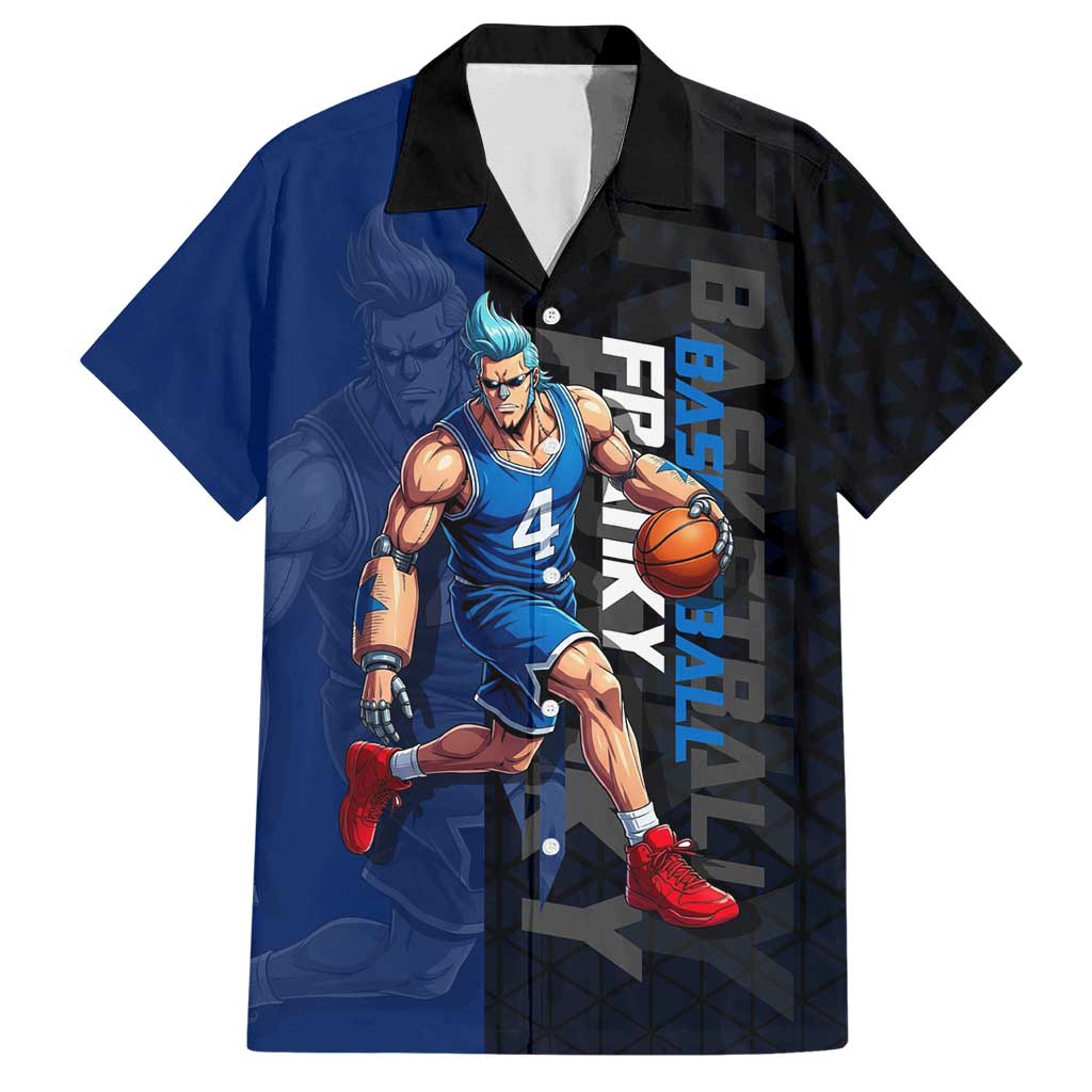 Franky One Piece Basketball Crossover Design Hawaiian Shirt with Blue Uniform and Mechanical Arm Action Pose - The Mazicc