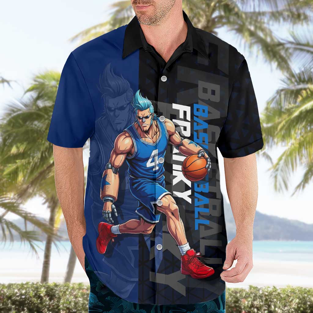 Franky One Piece Basketball Crossover Design Hawaiian Shirt with Blue Uniform and Mechanical Arm Action Pose - The Mazicc