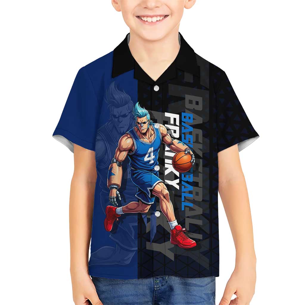 Franky One Piece Basketball Crossover Design Hawaiian Shirt with Blue Uniform and Mechanical Arm Action Pose - The Mazicc