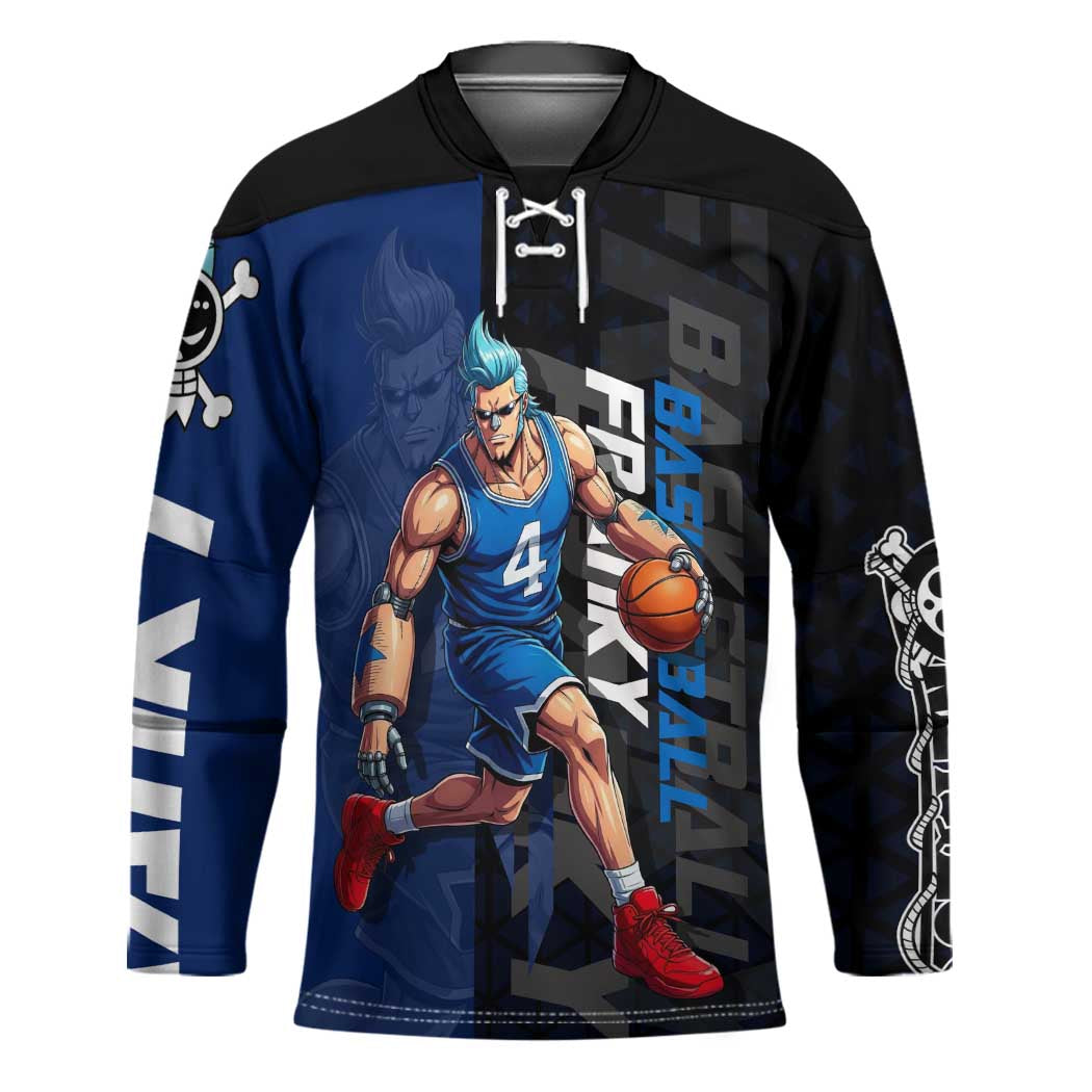 Franky One Piece Basketball Crossover Design Hockey Jersey with Blue Uniform and Mechanical Arm Action Pose - The Mazicc