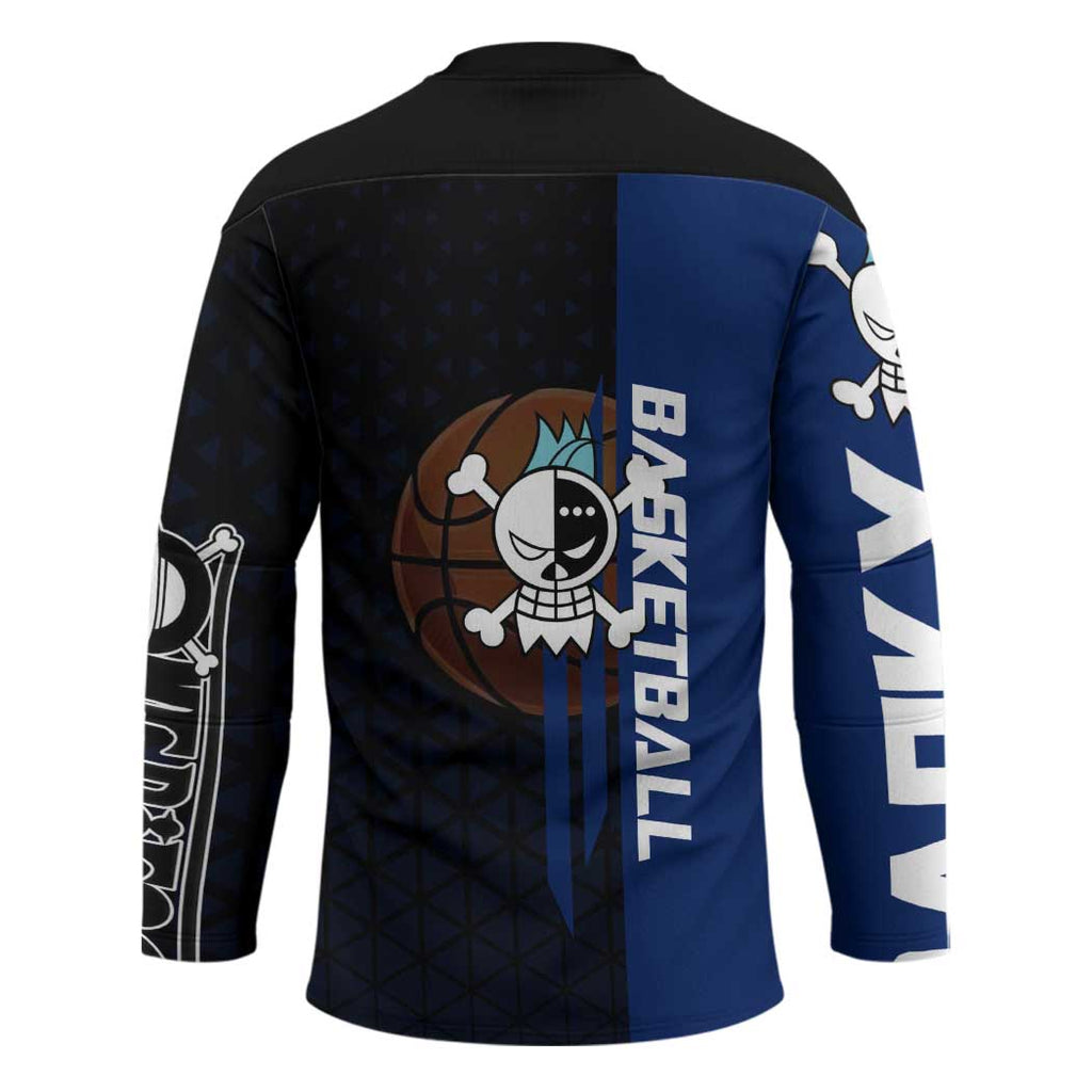 Franky One Piece Basketball Crossover Design Hockey Jersey with Blue Uniform and Mechanical Arm Action Pose - The Mazicc