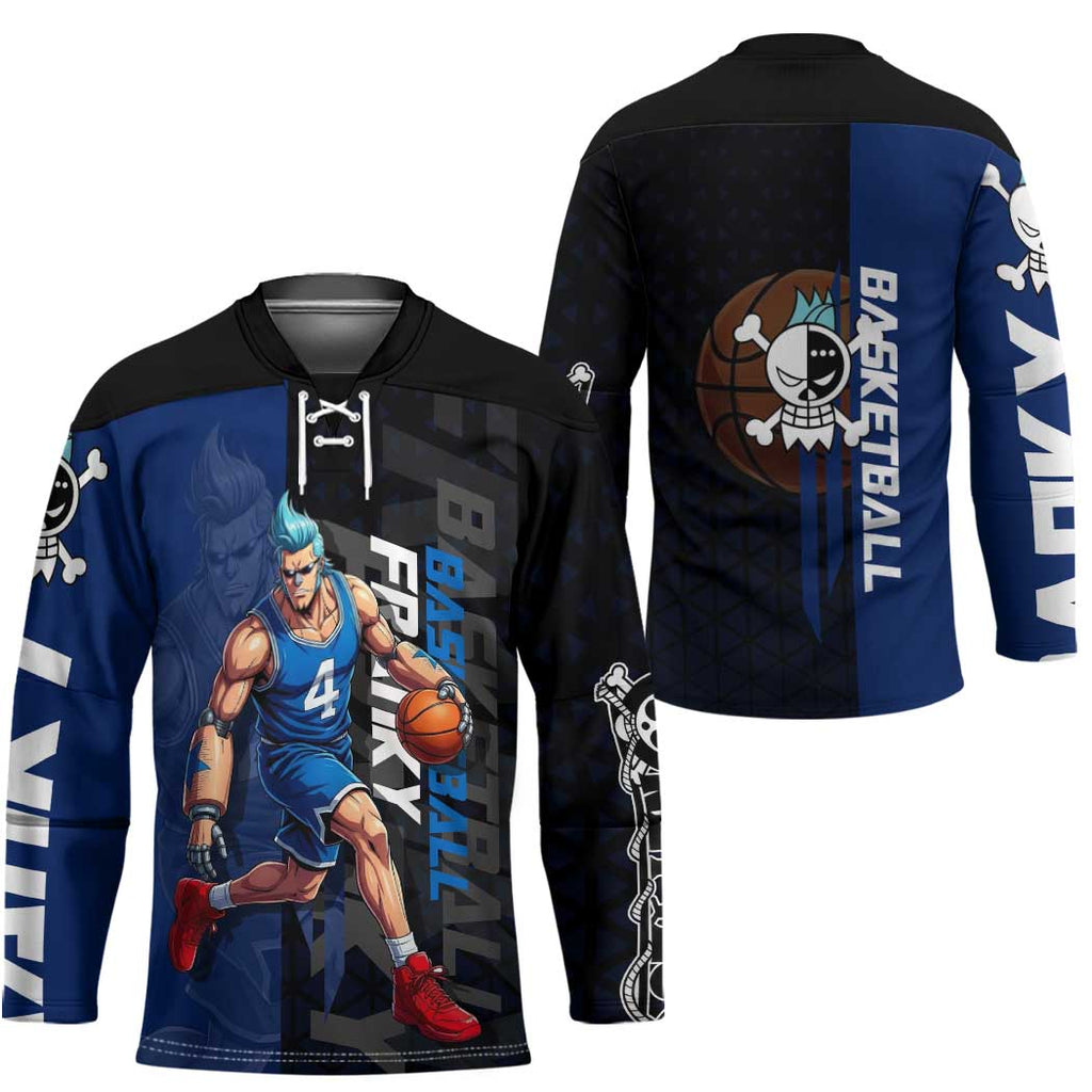 Franky One Piece Basketball Crossover Design Hockey Jersey with Blue Uniform and Mechanical Arm Action Pose - The Mazicc