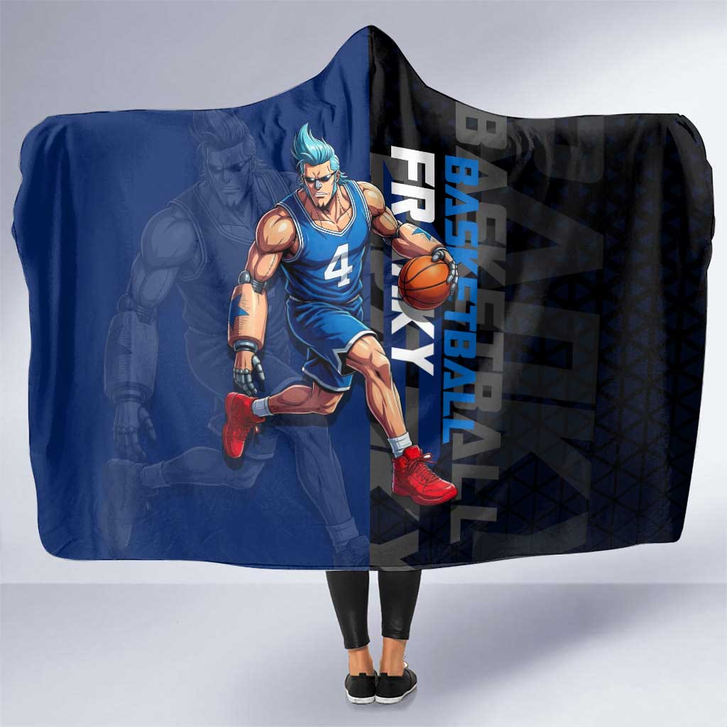 Franky One Piece Basketball Crossover Design Hooded Blanket with Blue Uniform and Mechanical Arm Action Pose - The Mazicc