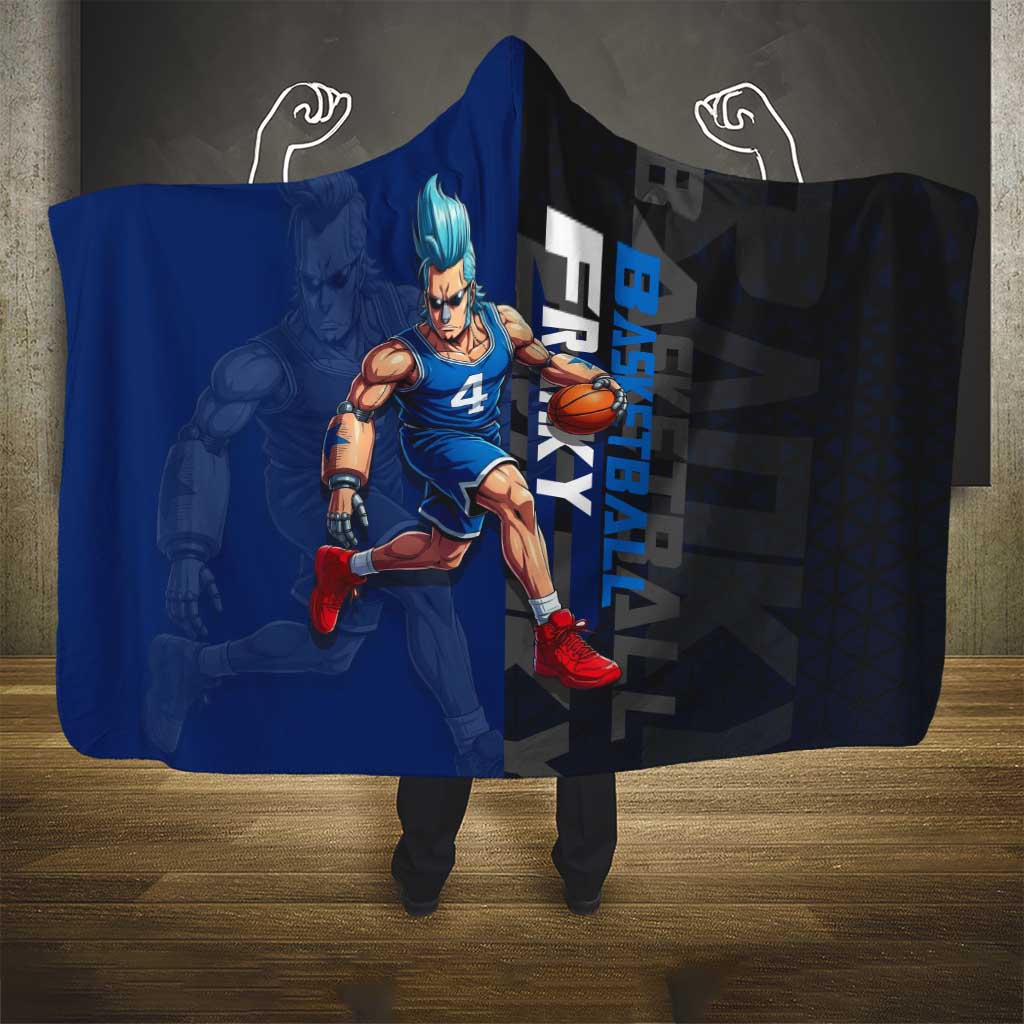 Franky One Piece Basketball Crossover Design Hooded Blanket with Blue Uniform and Mechanical Arm Action Pose - The Mazicc