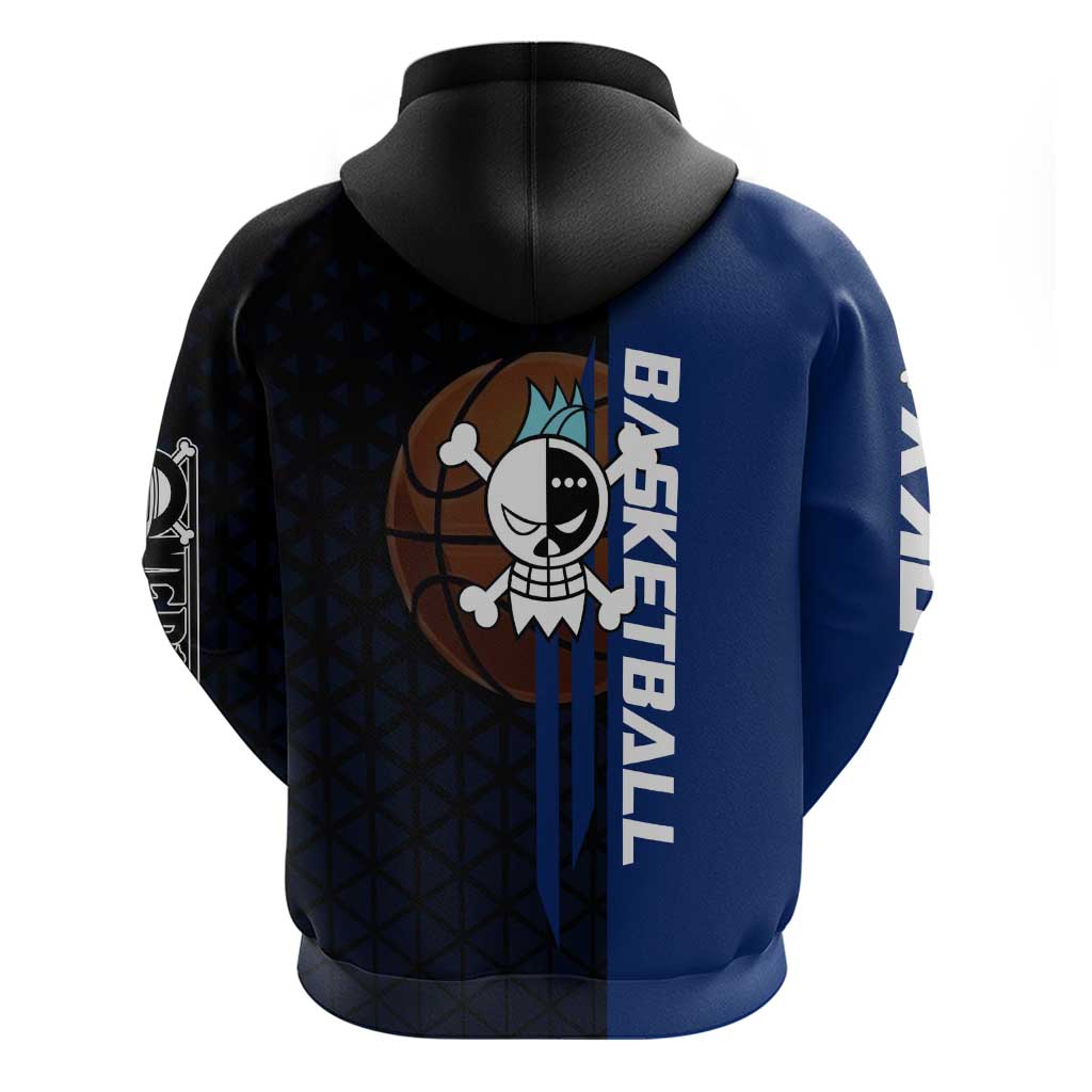 Franky One Piece Basketball Crossover Design Hoodie with Blue Uniform and Mechanical Arm Action Pose - The Mazicc