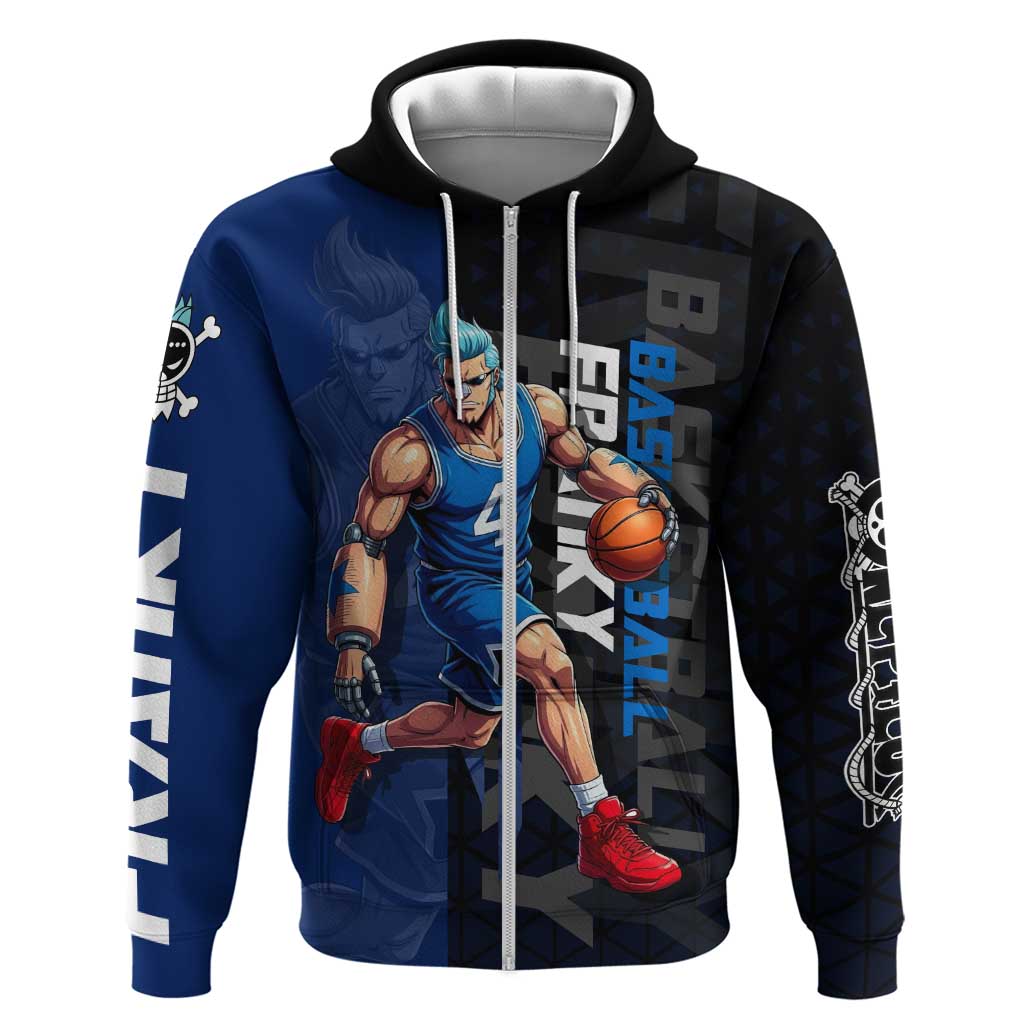 Franky One Piece Basketball Crossover Design Hoodie with Blue Uniform and Mechanical Arm Action Pose - The Mazicc