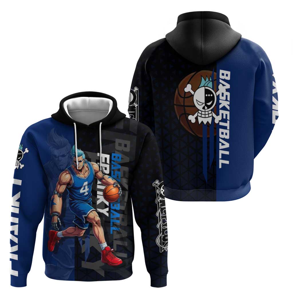 Franky One Piece Basketball Crossover Design Hoodie with Blue Uniform and Mechanical Arm Action Pose - The Mazicc