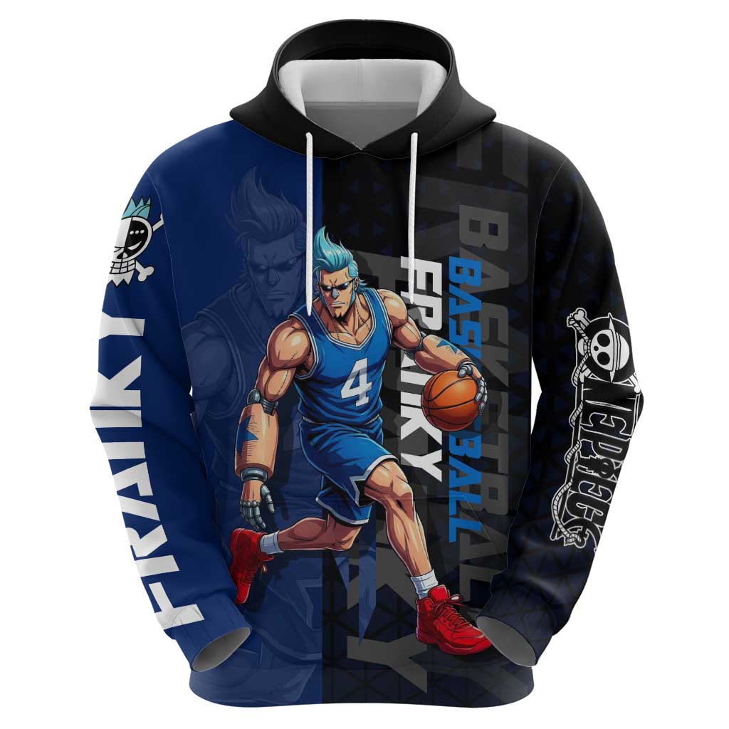 Franky One Piece Basketball Crossover Design Hoodie with Blue Uniform and Mechanical Arm Action Pose - The Mazicc