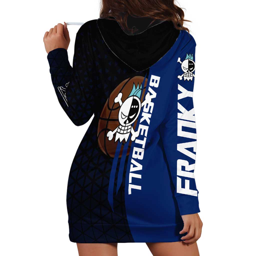 Franky One Piece Basketball Crossover Design Hoodie Dress with Blue Uniform and Mechanical Arm Action Pose - The Mazicc