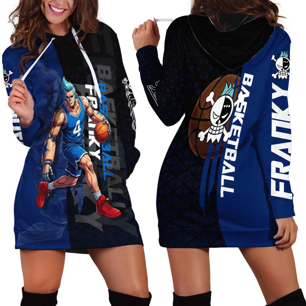 Franky One Piece Basketball Crossover Design Hoodie Dress with Blue Uniform and Mechanical Arm Action Pose - The Mazicc