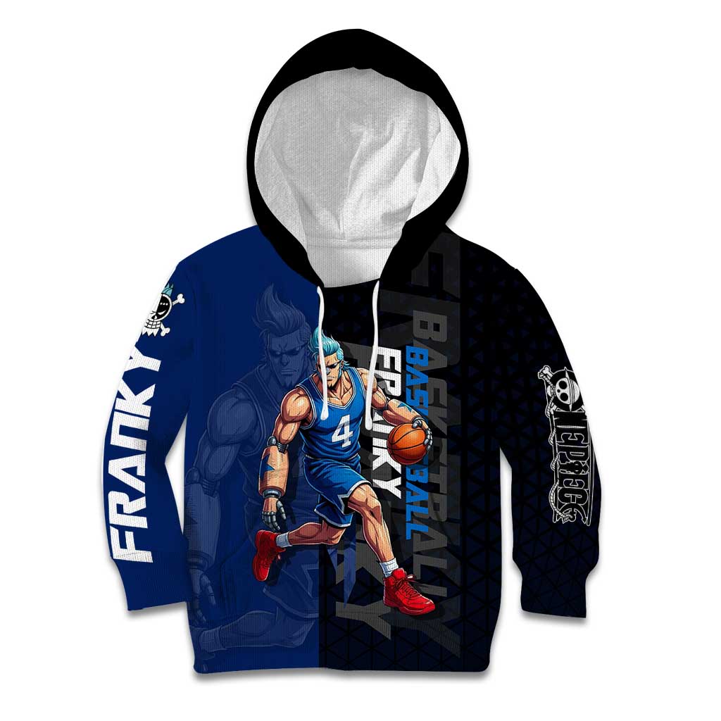 Franky One Piece Basketball Crossover Design Kid Hoodie with Blue Uniform and Mechanical Arm Action Pose - The Mazicc